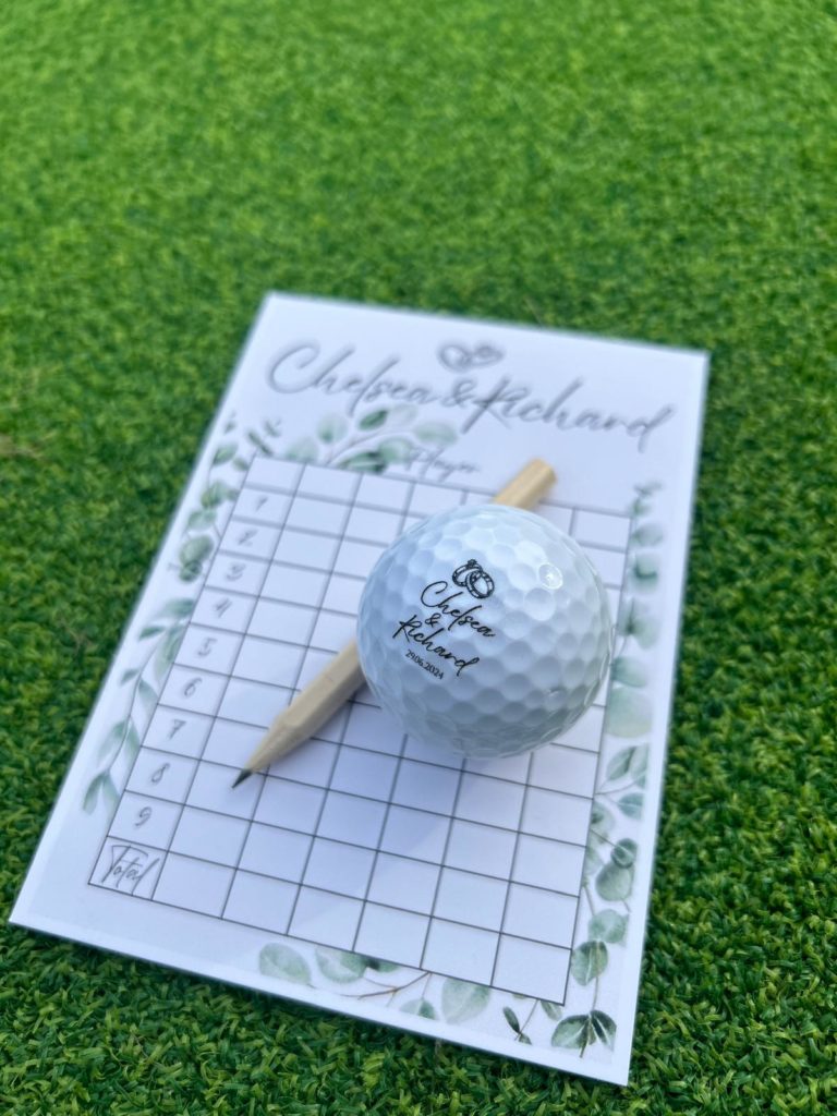 Personalised mini golf scorecard and golf ball