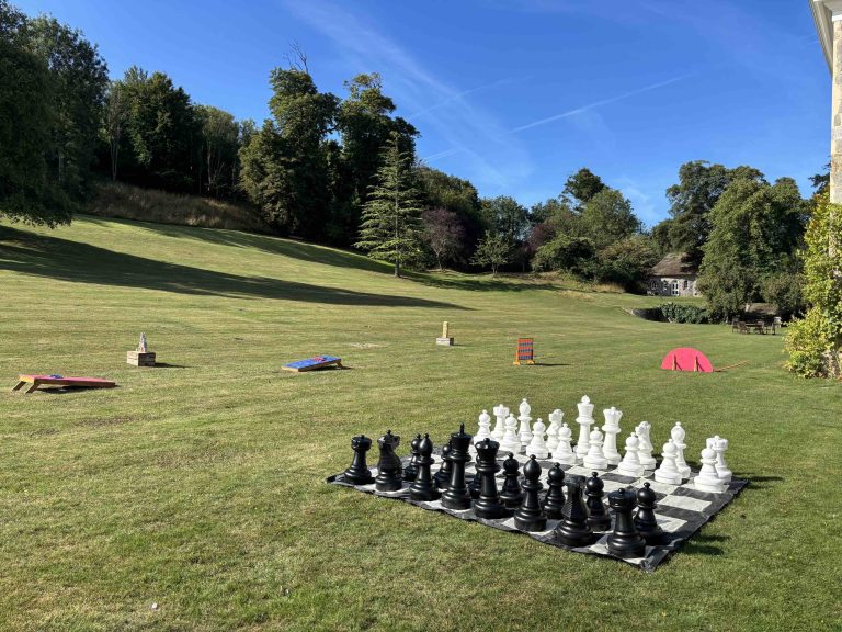 Giant chess set up in a field